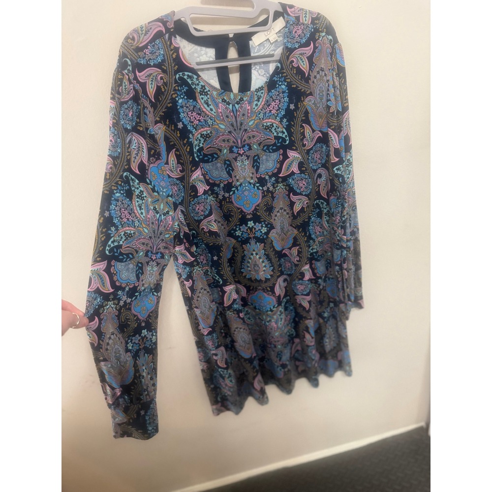 LOFT Paisley Shift Dress XL Blue Pink Boho Keyhole Sleeve Mini Dress